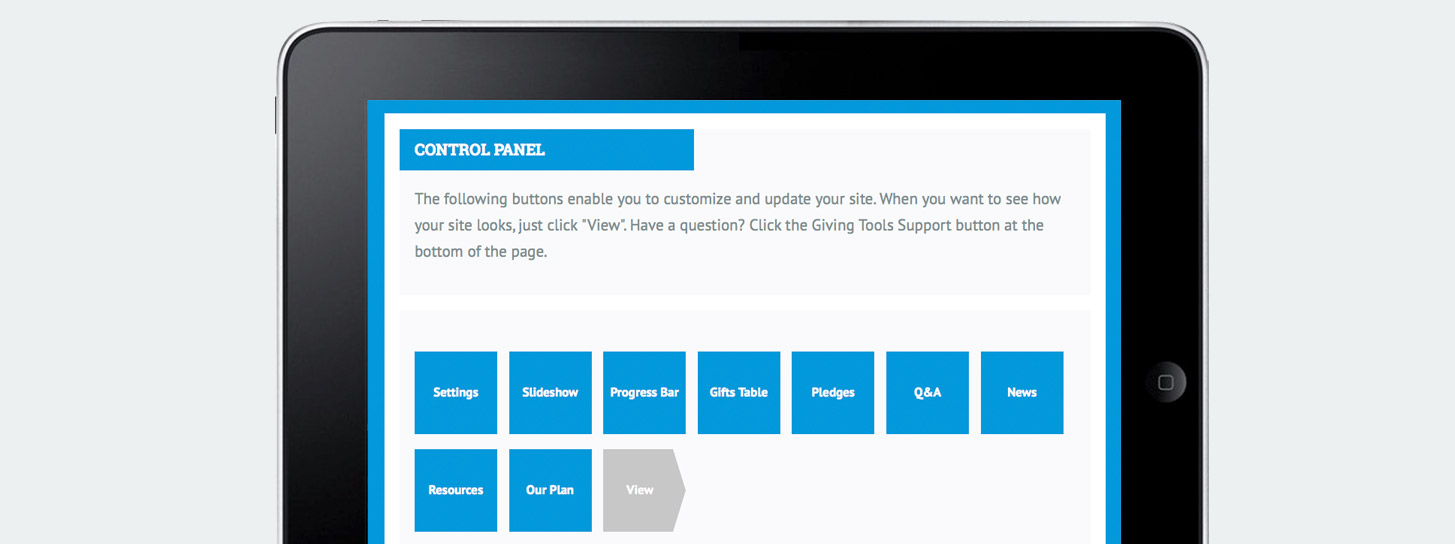 GivingTools Simple interface gives access to pledges and controls.